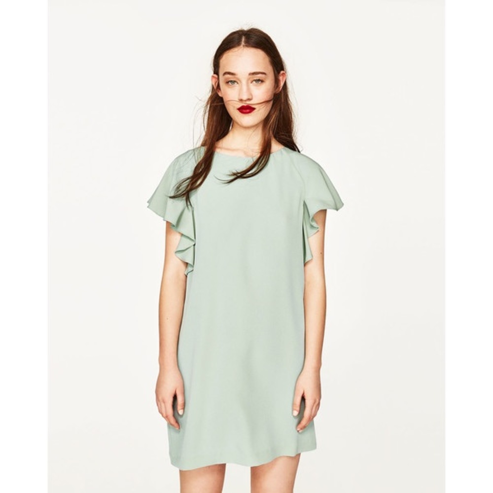 NWT Zara Sea foam Green Flutter Sleeve Mini Dress